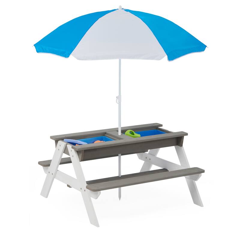 3-in-1 Kid Outdoor Wooden Picnic Table with Umbrella, Convertible Sand