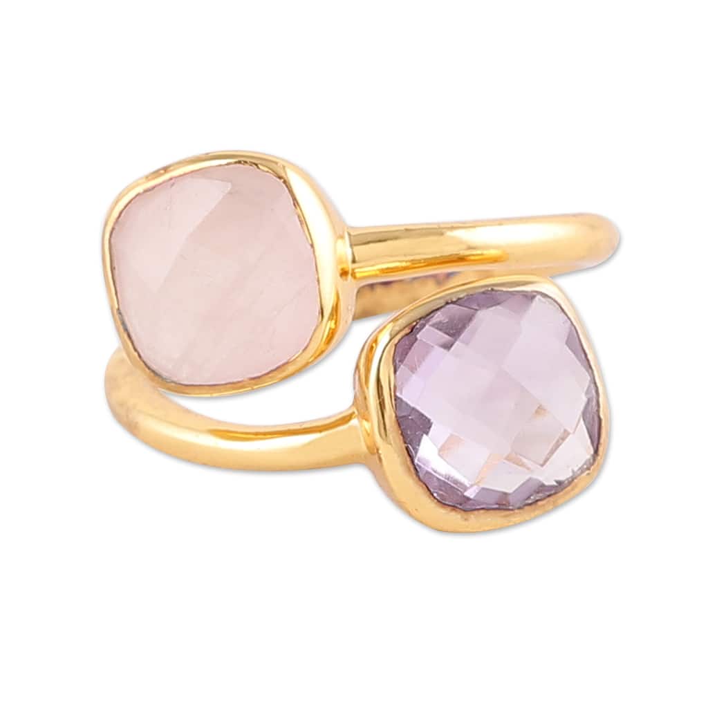 Novica Handmade Duet Of Emotions Gold-Plated Amethyst And Rose Quartz Wrap Ring
