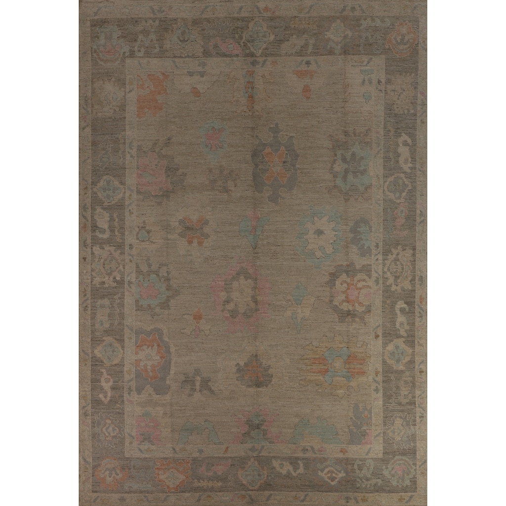 Vegetable Dye Oushak Turkish Area Rug Hand-Knotted Beige Wool Carpet - 9'3"x 12'5"