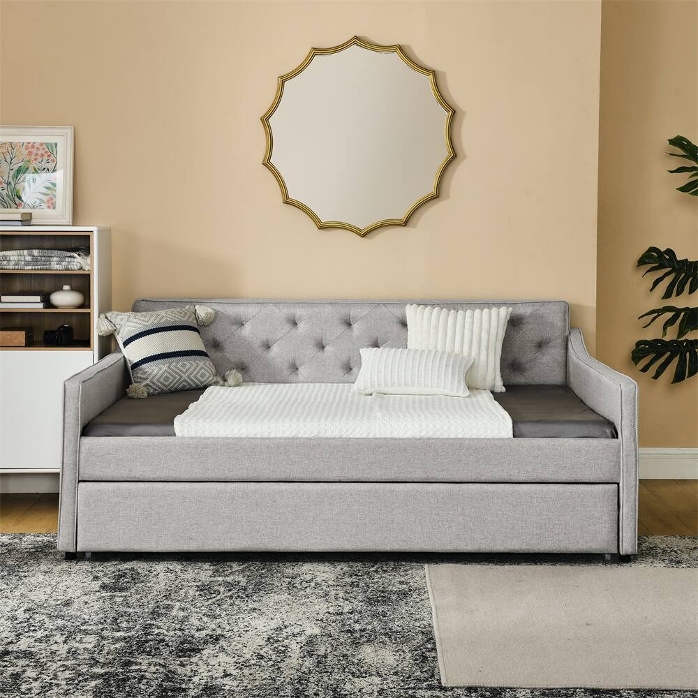 Full Size Daybed with Twin Size Trundle Upholstered Tufted Sofa Bed