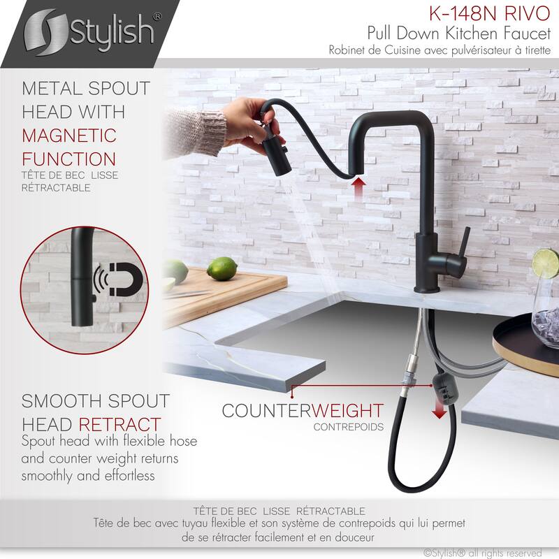 STYLISH Kitchen Sink Faucet Single Handle Pull Down Dual Mode in Stainless Steel - Faucet Height: 14 3/8" | Spout Height: 7 7/8"