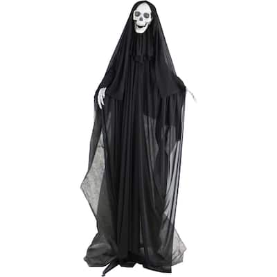 Haunted Hill Farm Life-Size Animatronic Reaper, Indoor/Outdoor Halloween Decoration, Light-up Red Eyes, Poseable, Battery