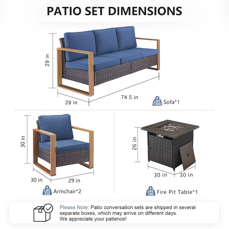 Pocassy Outdoor Fire Pit with 3-Seat Sofa Club Chairs Patio Furniture Set