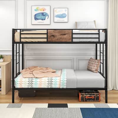 Bunk Bed Twin Over Twin Heavy Metal Bunk Bed with Ladder and Guardrail, Metal Bunk Bed, Storage Space