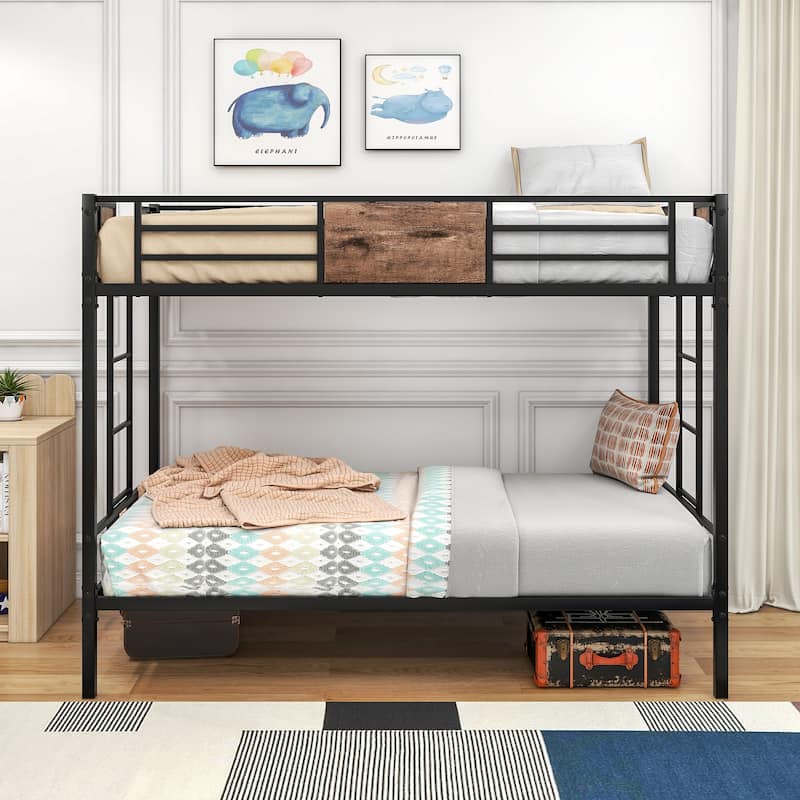 Twin Over Twin Size Bunk Bed with Safety Guard Rails, Heavy Duty Metal Bed Frame, Space-Saving Steel Bed for School, Bedroom - Black