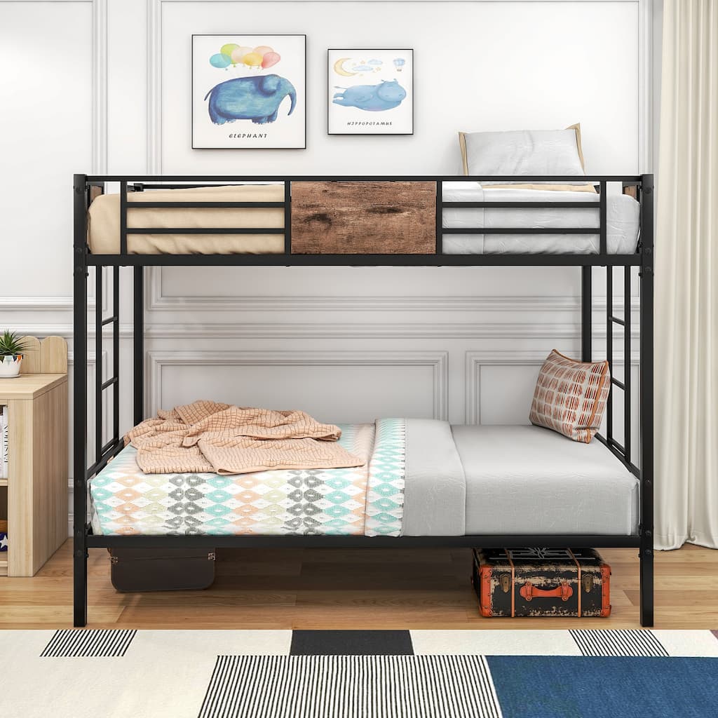Twin Over Twin Size Metal Bunk bed with Double Safety Guard Rails, Heavy Duty, Space-Saving Design, Steel bed for School