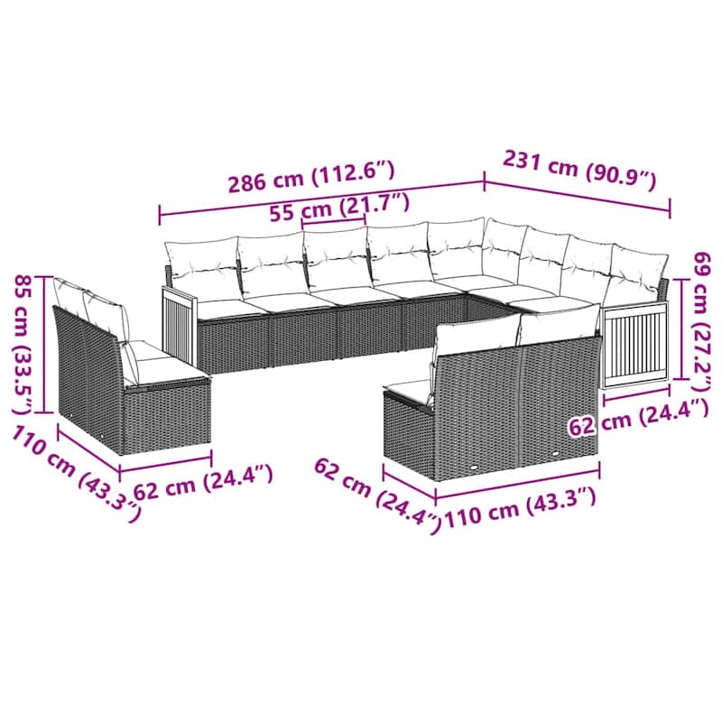 vidaXL Patio Sofa Set with Cushions Outdoor Conversation Furniture Poly Rattan