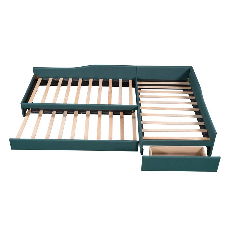 L Shaped Daybed with Trundle, Double Twin Linen Upholstered Sofa Bed Frame w/Storage Drawer, 3 Beds in One, No Box Spring Needed