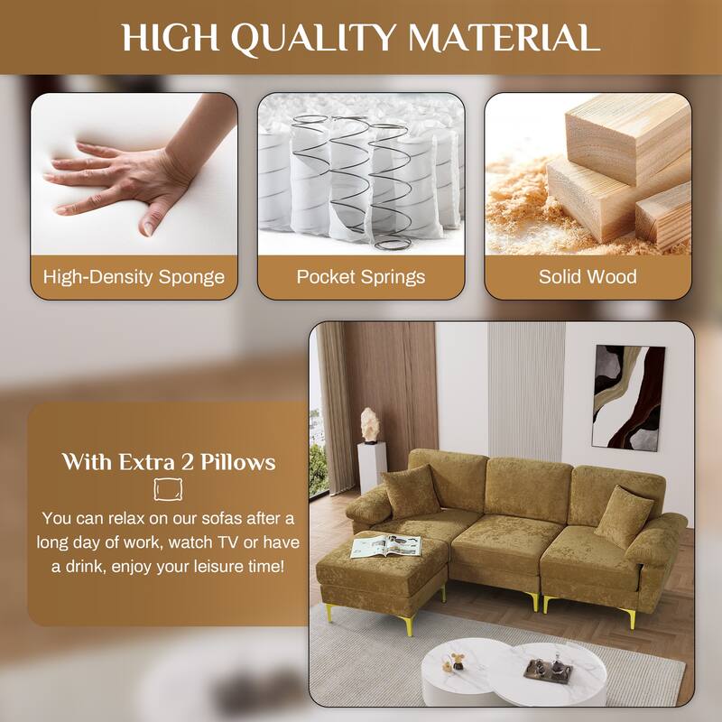 Ouyessir 2-Pieces Upholstered Velvet Sectional Sofa with 2 Pillows & Ottoman