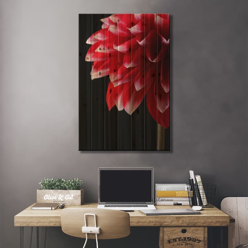 Red And White Dahlia Print On Wood by Alyson Fennell - Multi-Color