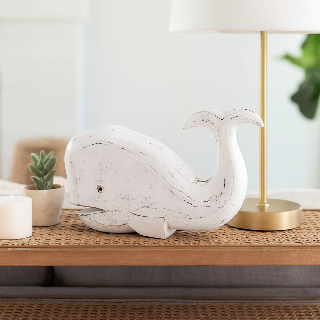 Handcrafted Wooden Whale Figurine Sculpture - 15", White - 15.0"