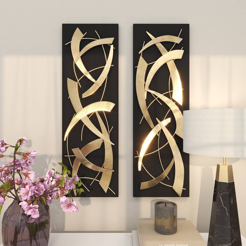 Gold Metal Dimensional Abstract Wall Decor with Black or White Wood Backing (Set of 2)