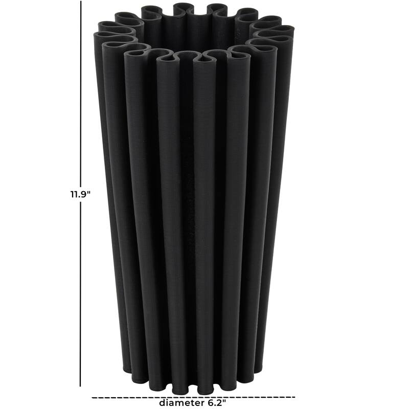 Black Ceramic Dimensional Ribbed Abstract Vase with Cylindrical Ridges