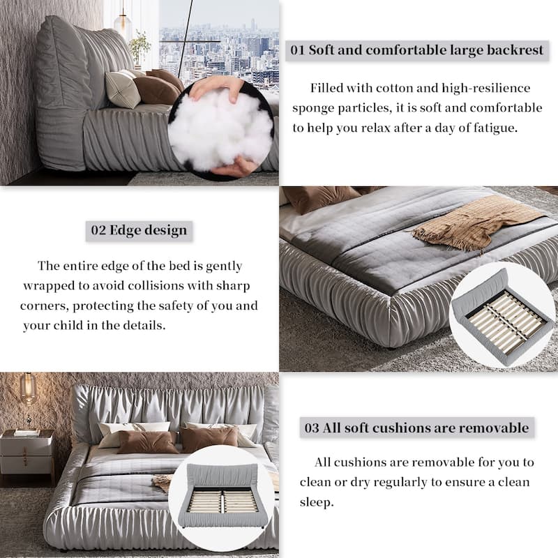 King Size Low Profile Platform Bed with Removable Cushion and Solid Wood Frame Modern Fully Upholstered Bed Frame with Headboard