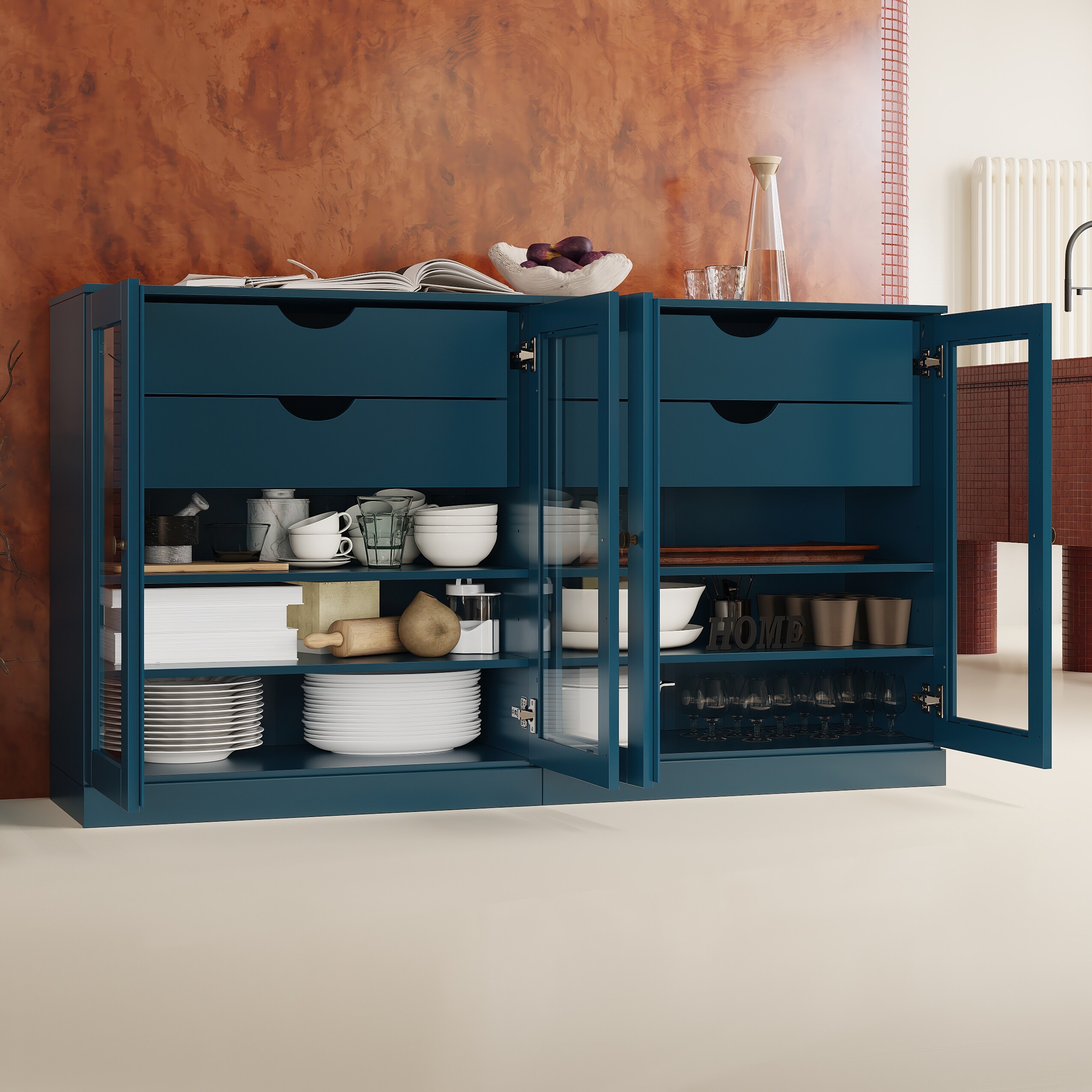 Palace Imports 100% Solid Wood 64" Sideboard with Clear Glass Doors, 4-Drawers and Adjustable Shelves