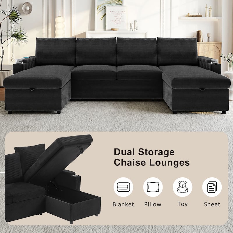 Convertible Sofa Bed with Pull Out Bed, U-Shaped Sectional Sofa with Dual Storage Chaise Lounges, USB Ports & Cup Holders
