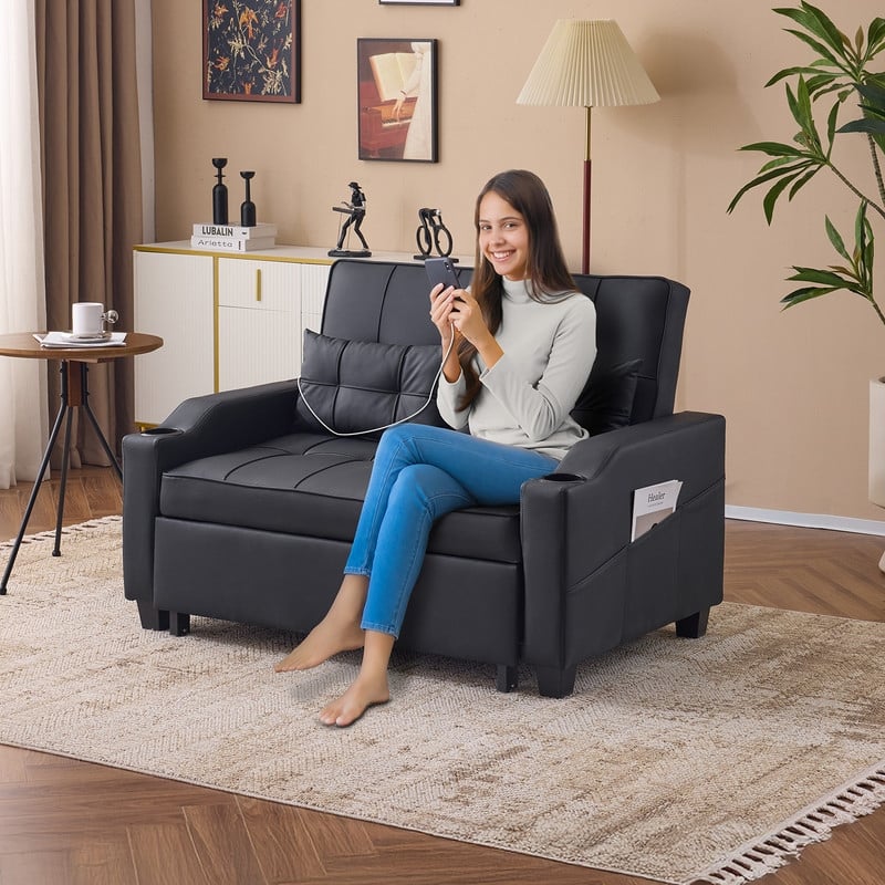 Upholstered Cat's Claw Leather Convertible Reclining Sleeper Sofa Bed With Cushions For Small Spaces