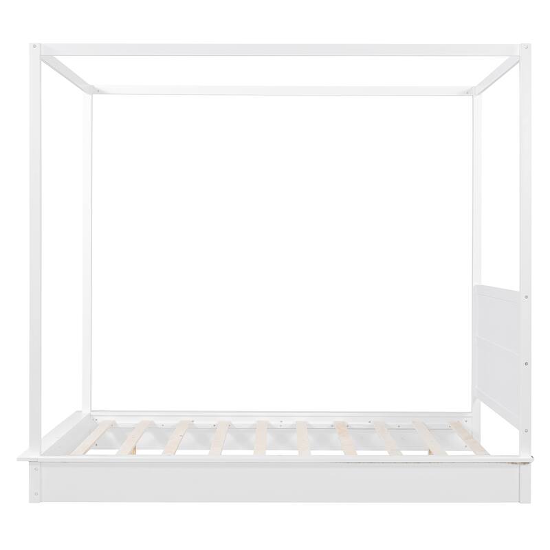 Wooden Canopy Bed Platform Bed Frame Mattress Foundation with LED Light Strips, Slat Support, No Box Spring Needed, White