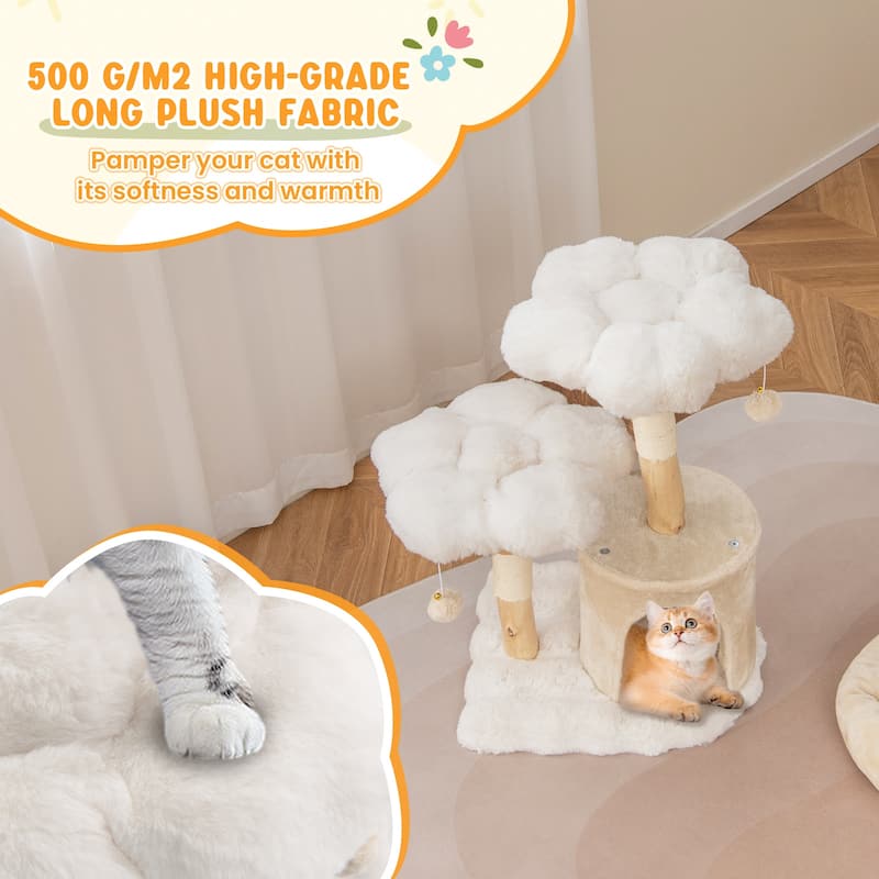 Cute Solid Wood Cat Tree Natural Branch Modern Flower Cat Tower with Sisal Scratching Posts - 19" x 16" x 32"