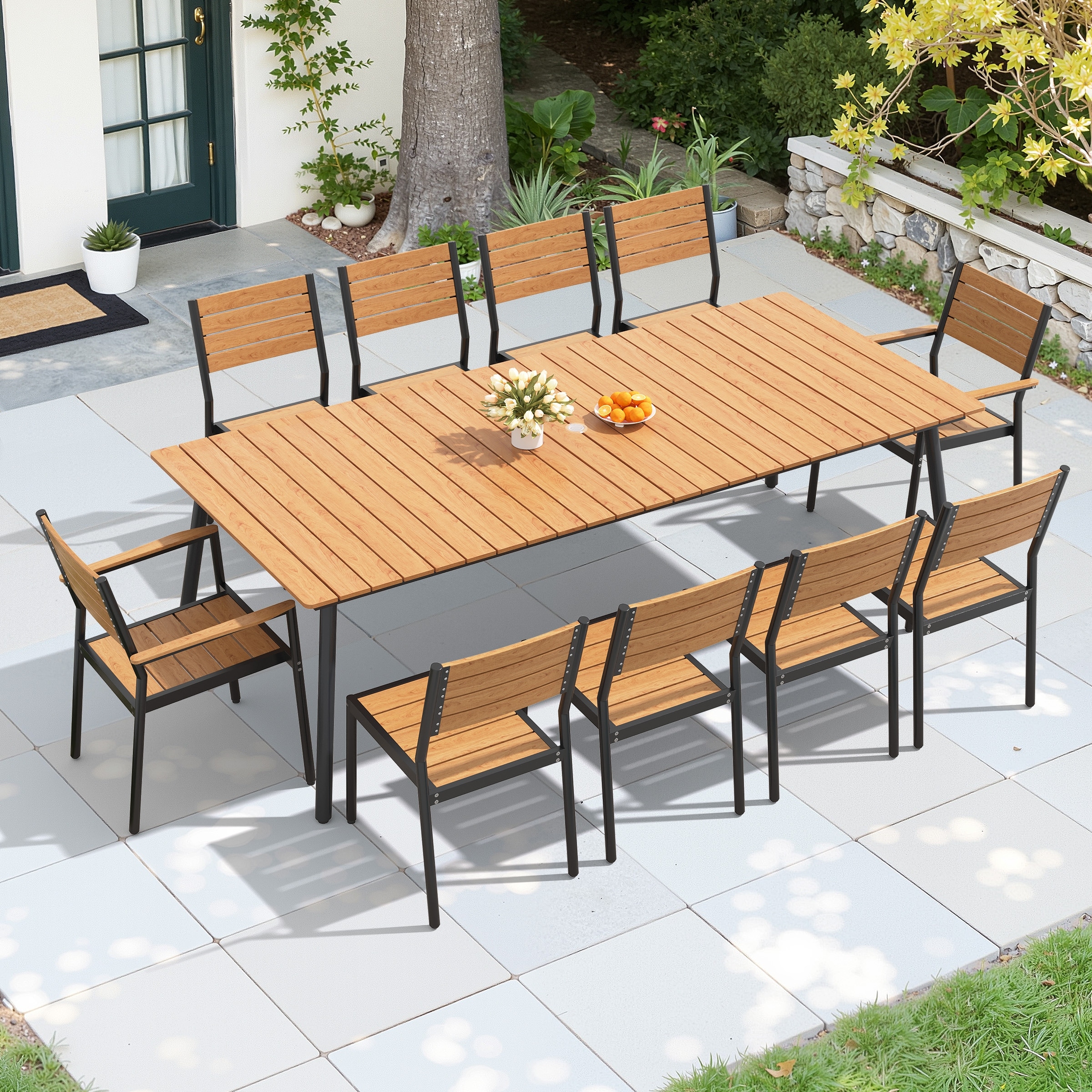 7/9/11-Piece Outdoor Patio Dining Set Aluminum Dining Table with Umbrella Hole and Stackable Chairs