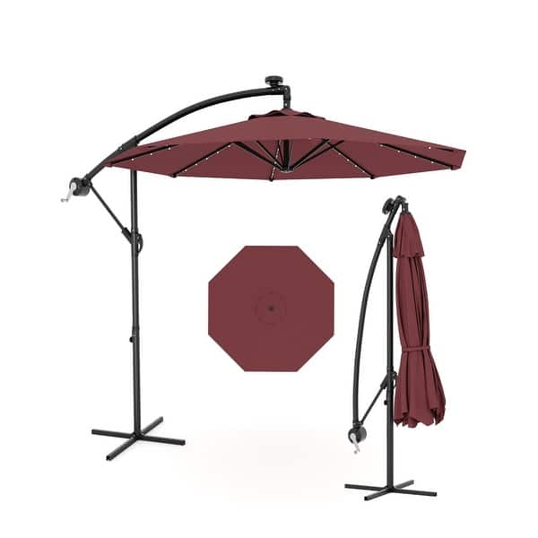 bed bath and beyond offset patio umbrella with solar lights WESTLAKE 10 Ft LED Cantilever w/ Included 4-Piece Base Weights, Gray Constructed of weather and Uv resistant polyester canopy and steel frame 10 Ft. Solar Power Lighted