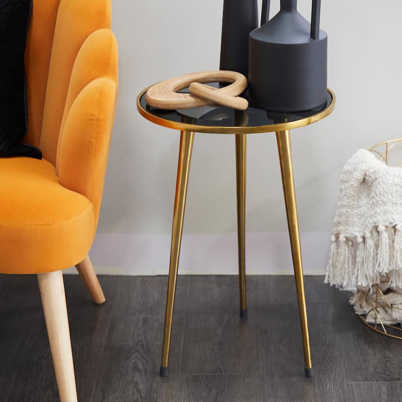 Contemporary Midcentury Metal Accent Side Table With Tripod Legs and Smoke Glass Top - 15 x 15 x 22 - Gold