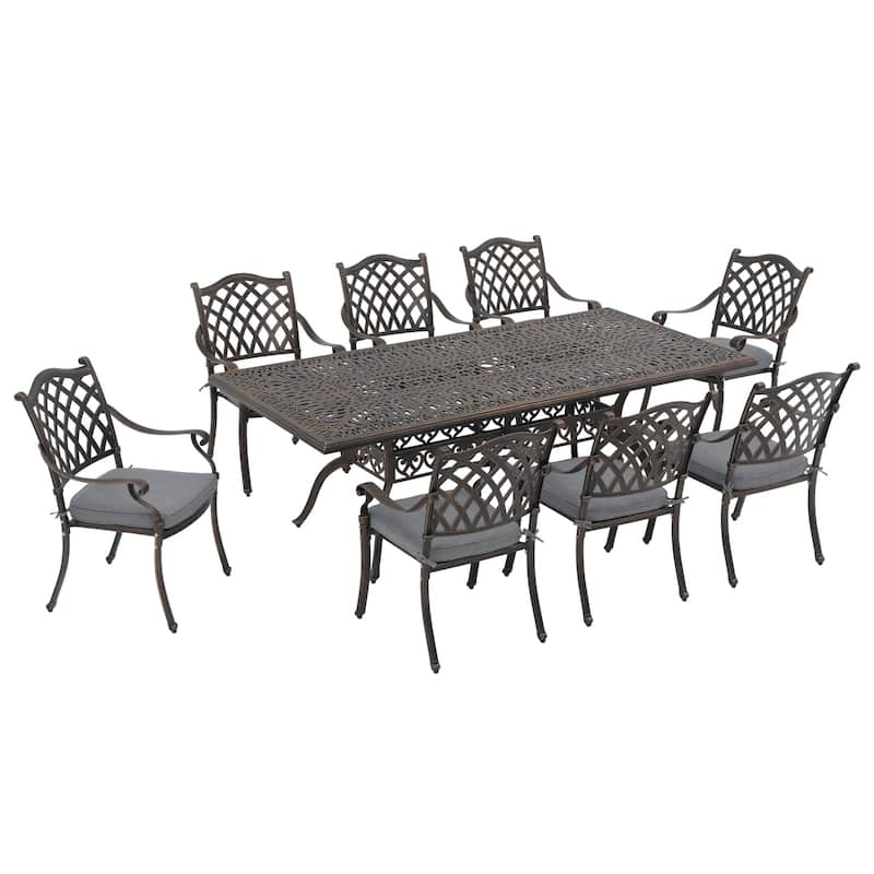 Aluminum 9-Piece Outdoor Rectangular Dining Set with Cushions & Umbrella hole