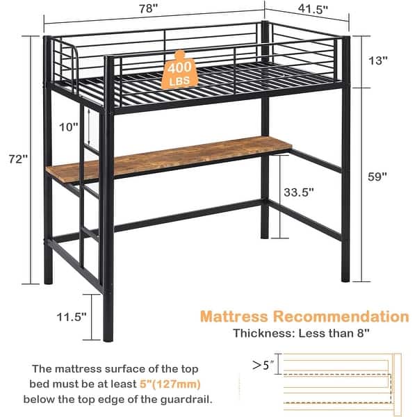 VECELO Twin Metal Loft Bed with Built-in Desk – Space-Saving Study Bed for Kids, Teens & Adults, No Box Spring Needed