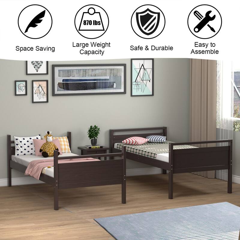Costway Twin Over Twin Bunk Bed Convertible 2 Individual Beds Wooden