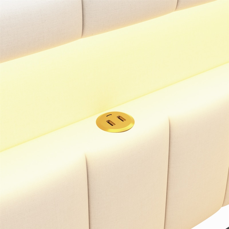 Platform Bed Linen Upholstered Daybed with L-shaped Headboard USB Ports and Light for Night's Sleep, Choose 2 Drawer or Trundle