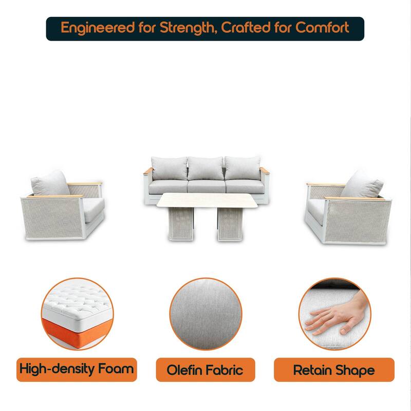 Arvin 4-Piece Outdoor Patio Conversation Set in Aluminum with Olefin Fabric Cushions Sintered Stone Rectangular Coffee Table