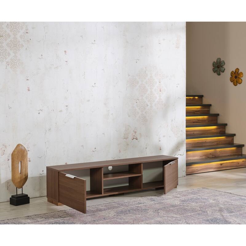FurnisHome Store Luxia Mid Century Modern Tv Stand 2 Sliding Door Cabinet 2 Shelves 67 inch Tv Uni, White - Walnut