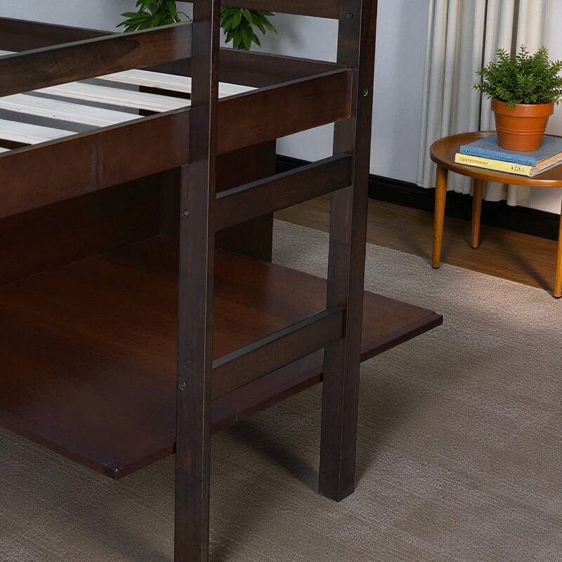 Full Size Loft Bed with Ladder, Solid Rubber Wood Frame Low Height Design with Guard Rails and Under-Bed Storage Space