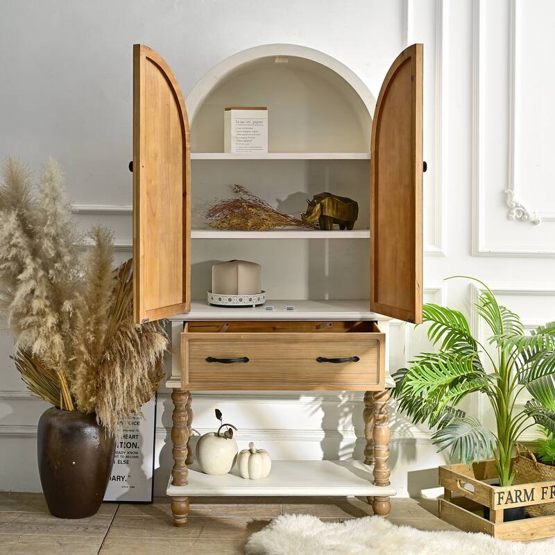Rossetta 2-Door Arched Flower Handmade Carved Solid Wood Sideboard Cabinet with Open Shelf -  Natural+White
