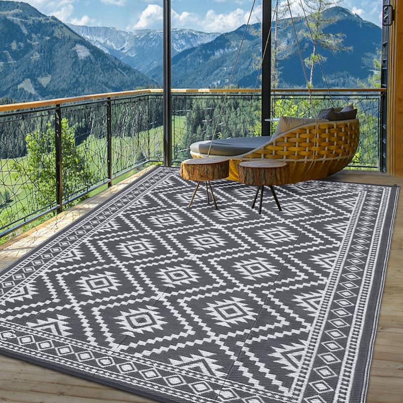 Outdoor Camping Rugs, Reversible Mats, Plastic Straw Rug for Patio - Grey/White - 8*10Ft
