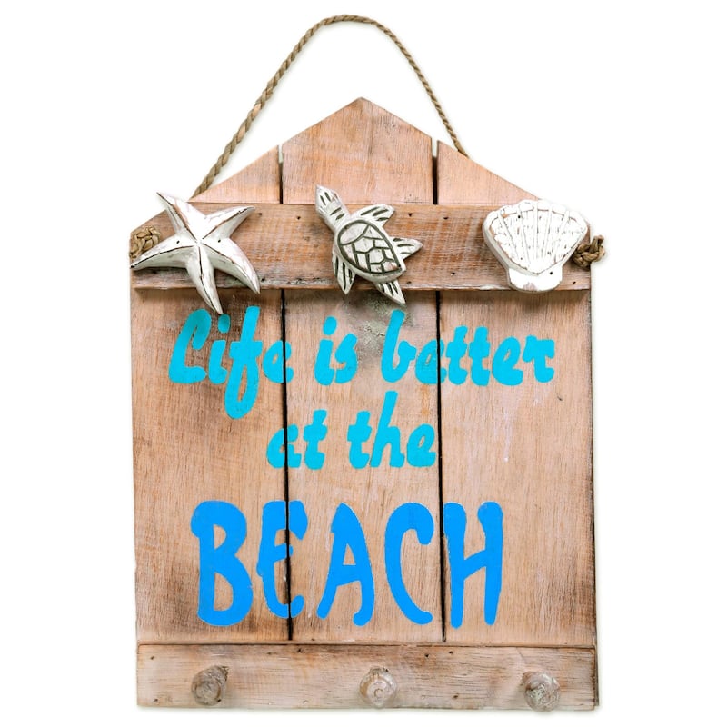 NOVICA Handmade Albesia Wood 'Life is Better at the Beach' Coat Rack (Indonesia) - Wood - Brown