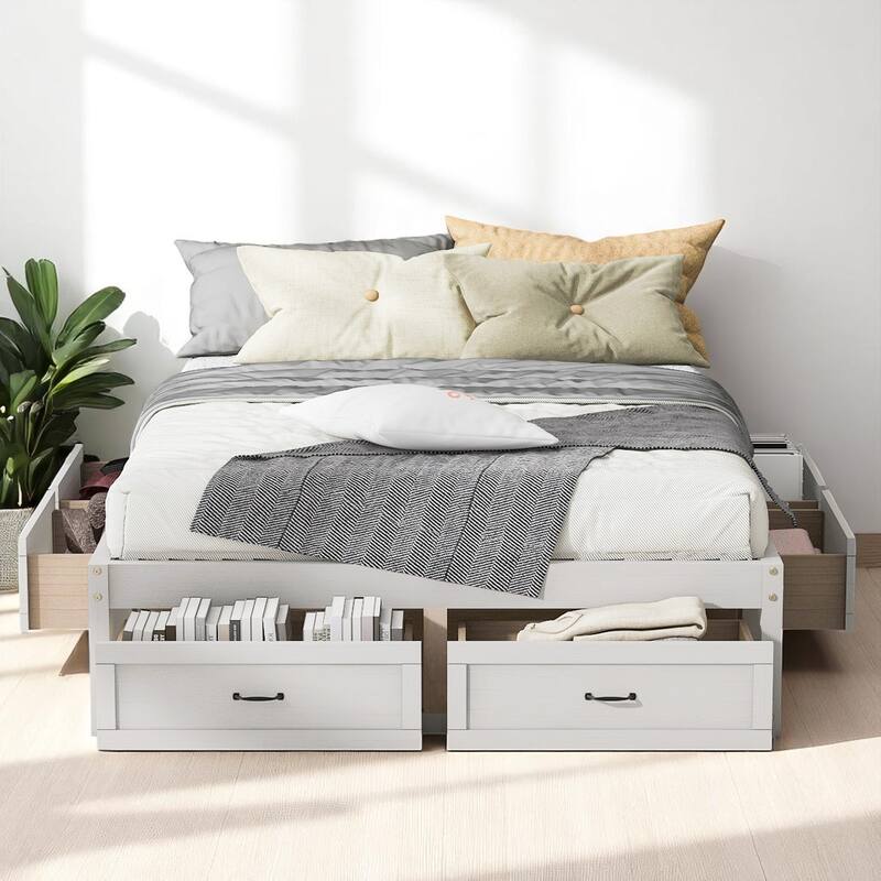 Full/Queen Platform Bed with 6 Storage Drawers, Modern Wood Frame with Slats, No Box Spring Needed