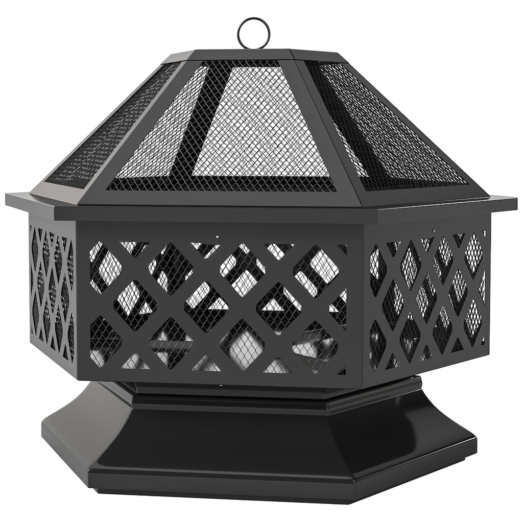 Hexagon Outdoor Fire Pit and BBQ Grill Black Steel with Mesh Lid Poker and Grill Grate 27.6 Inch - 27.6" L x 23.6" W x 23.6" H