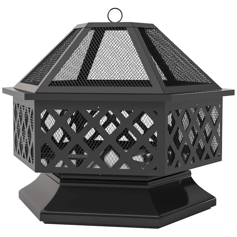 Hexagon Outdoor Fire Pit and BBQ Grill Black Steel with Mesh Lid Poker and Grill Grate 27.6 Inch - 27.6" L x 23.6" W x 23.6" H
