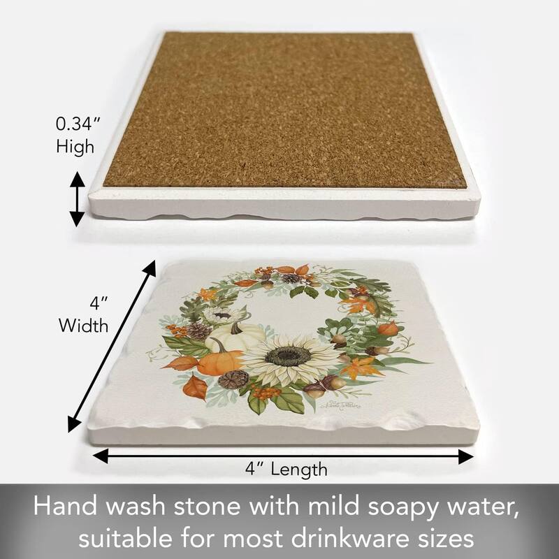 Stone Tumbled Tile Coasters, Farmhouse Wreath, Set of 4