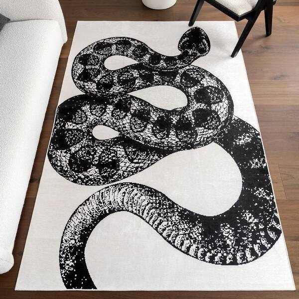 slide 2 of 8, Nuloom Nila SplashGuard Modern Snake Print Machine Washable Area Rug 4' x 6' - Black - Rectangle