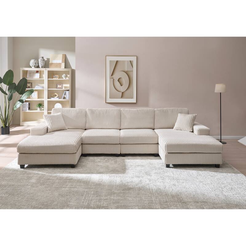 Modular Sectional Sofa with Dual Chaise Lounges, Corduroy Cloud Sofa with Armrest Storage Rack, Convertible 4-Seat Sleeper Sofa - Beige