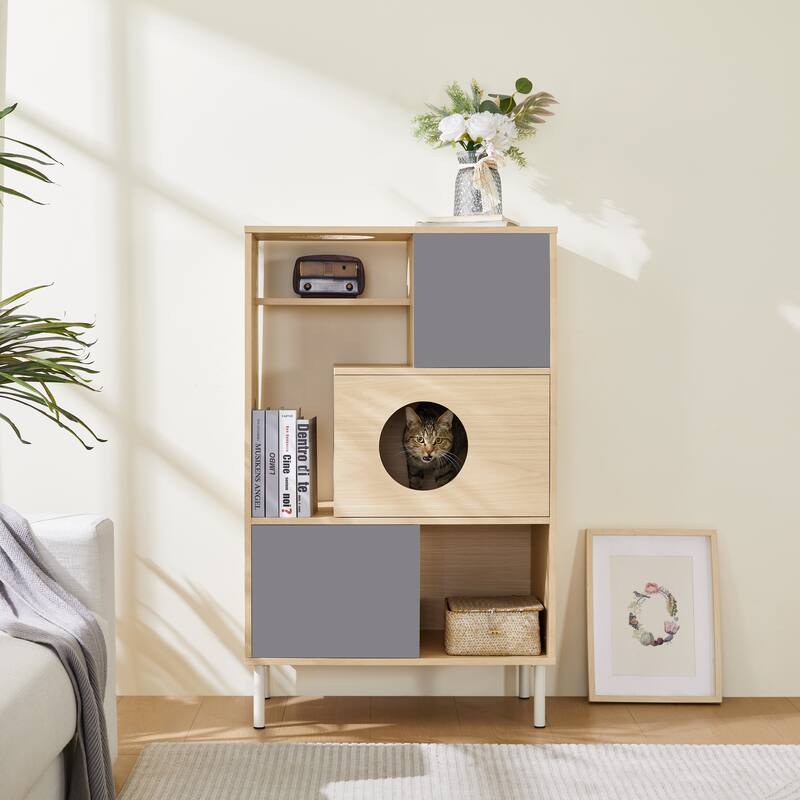Furniture Style Modern Cat Bookcase Cat Tree Shelves with Storage - Natural+White