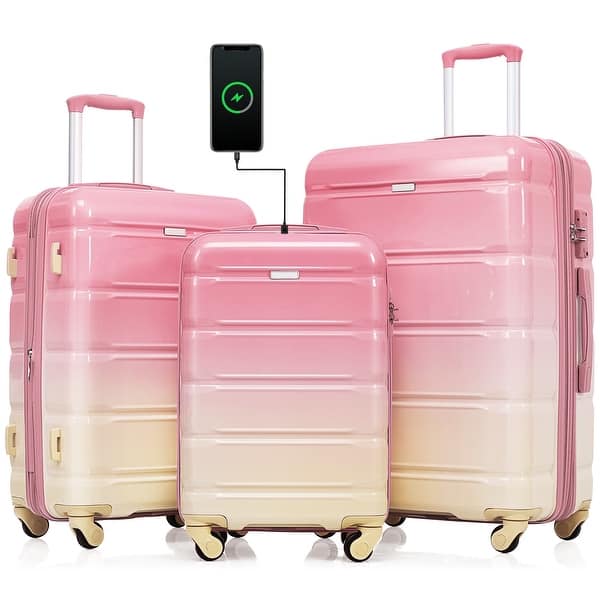 slide 2 of 52, Luggage Set of 3, with USB Port, Cup Holder, Spinner Wheels Pink