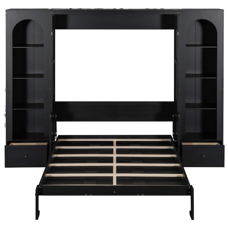 Murphy Bed Queen Size Bookcase Bed Platform Bed with Side Cabinets and 2 Drawers, Elegant French Folding Bed LED Wall Bed