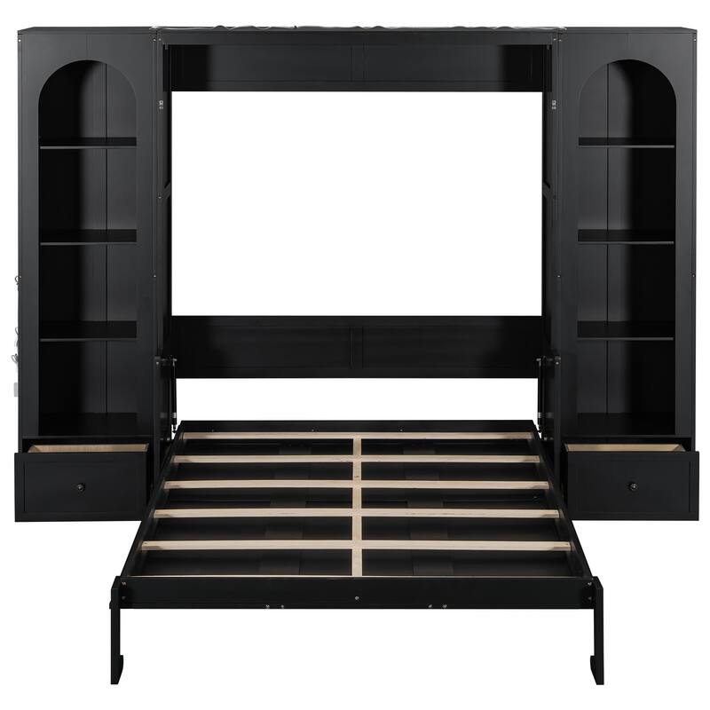 Queen Size Murphy Platform Bed with Shelf, Side Cabinets, Drawers, and LED Lights French Style