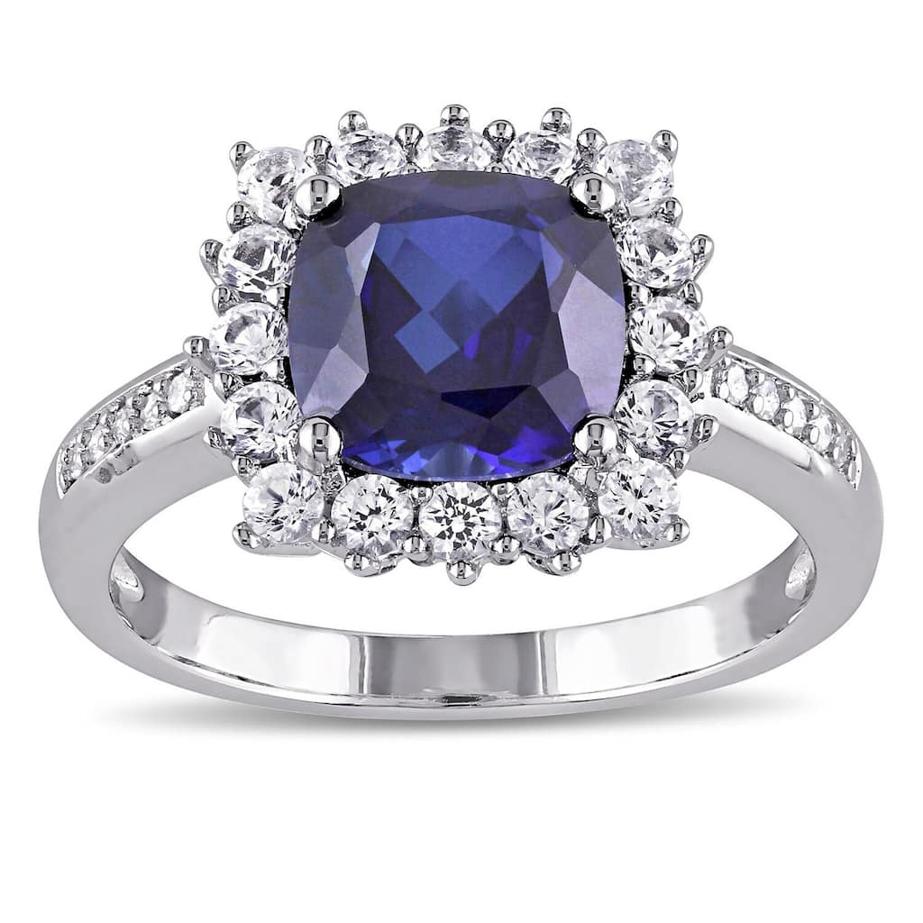 Miadora Sterling Silver Cushion-cut Created Blue and White Sapphire with Diamond Accents Square Halo Engagement Ring