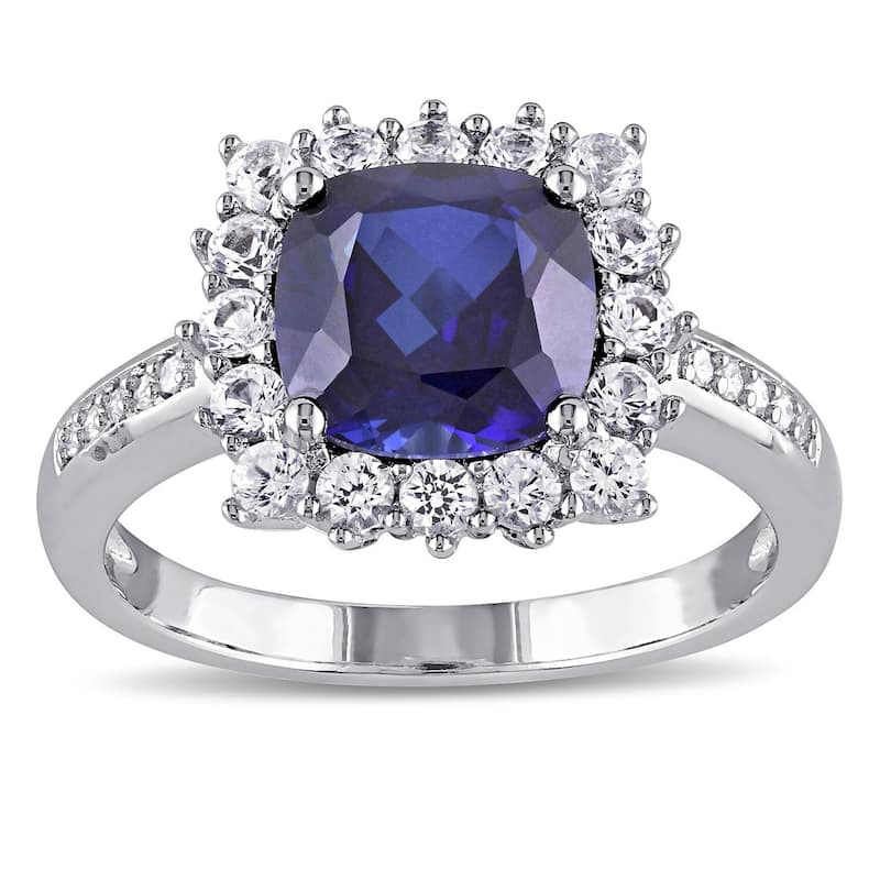 Miadora Sterling Silver Cushion-cut Created Blue and White Sapphire with Diamond Accents Square Halo Engagement Ring