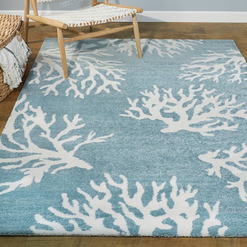 Caistor Coastal Coral Reef Pattern Tropical Area Rug - 7'10" x 10' - Light Blue