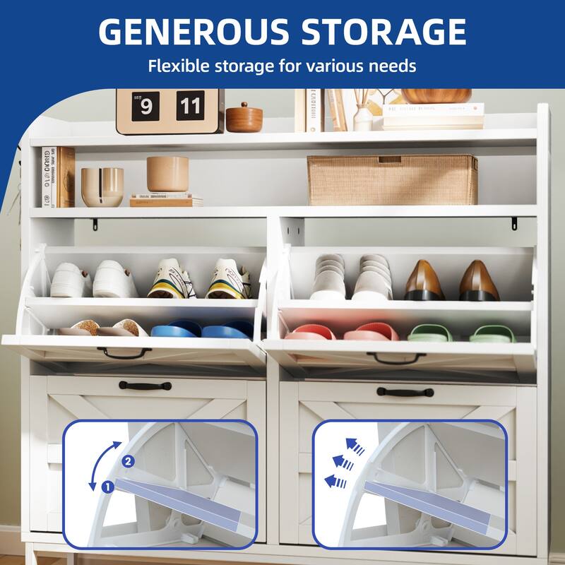 Moasis 24 Pairs Farmhouse Shoe Storage Cabinet 4 Flip Drawers Shoe Organizer